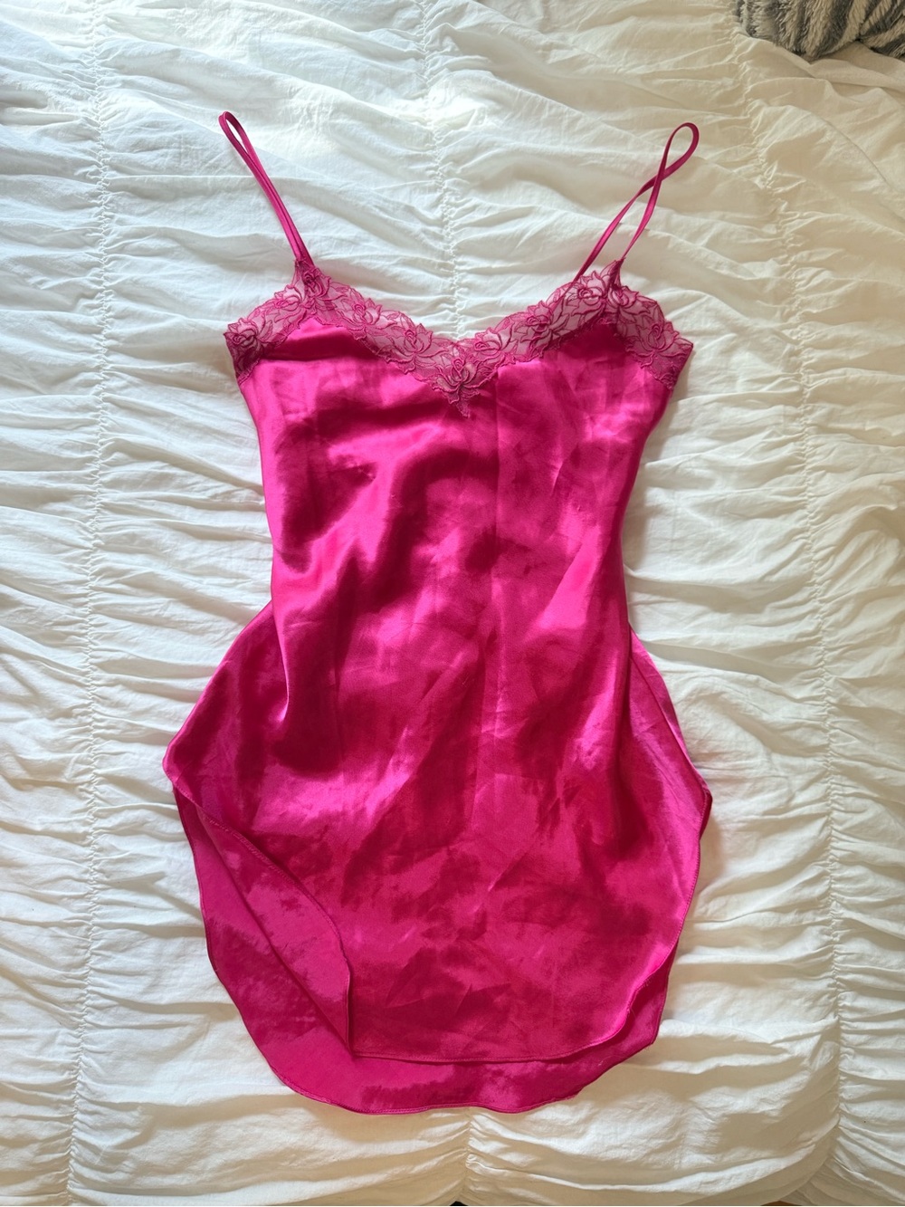 Victoria's Secret Hot Pink Satin Lace Trim Slip